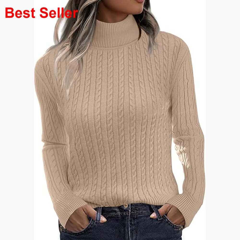 Cable Knit Turtleneck Pullover Sweater Long Sleeve Fitted